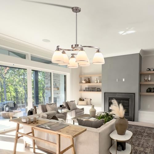 6 Light Brushed Nickel Chandelier Modern Farmhouse Dinner Room Light Fixture with Frosted Glass Lampshade (6 Count)