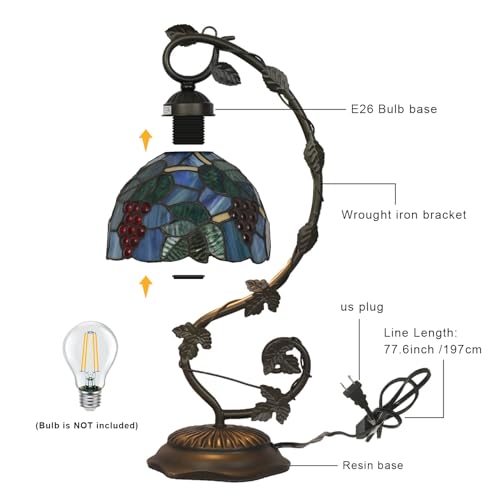 Tiffany Style Table Lamp Tulip Style Stained Glass Desk Light 8x10x21 Inch Bronze Metal Leaf Base Vintage Art Deco Desk Lamp for Bedroom