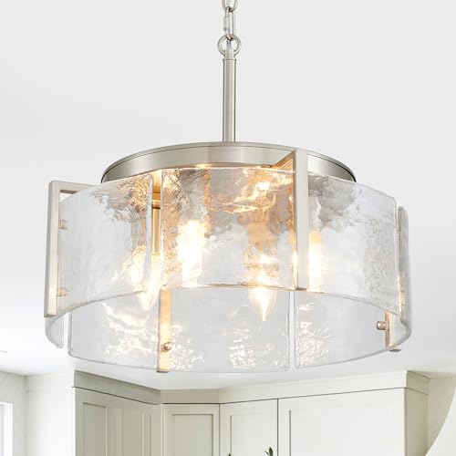 4 Light Glass Brushed Nickel Chandeliers for Dining Room 17.3" Round Modern Farmhouse Chandelier Drum Hanging Pendant Ceiling Light Fixture for Hallway Entryway Kitchen Island Foyer Bedroom