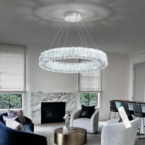 32 Inch Chandelier Glam Dimmable LED Crystal Chandeliers Luxury Round Pendant Lighting Fixtures for Dining Room Bedrooms Silver