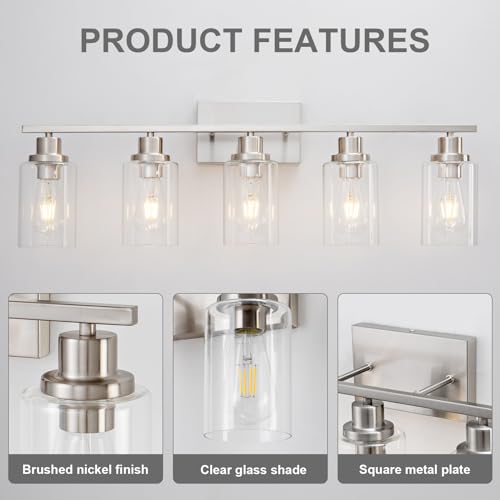 5 Light Bathroom Light Fixtures Brushed Nickel Vanity Light Over Mirror Modern Farmhouse Wall Lighting Sconces Wall Lamp for Bathroom