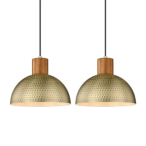2 Pack Hammered Pendant Lights 12” Vintage Metal & Wood Dome Hanging Lamp Antique Gold Industrial Kitchen Pendant Light Fixtures for Island (2 Count)
