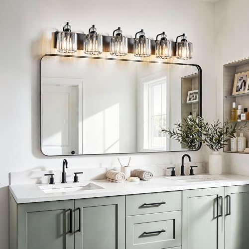6 Light Black Bathroom Light Fixtures Over Mirror Modern Vanity Lights Crystal Wall Sconce Vintage Bathroom Lighting with Crystal Shade E26 Base for Bedroom