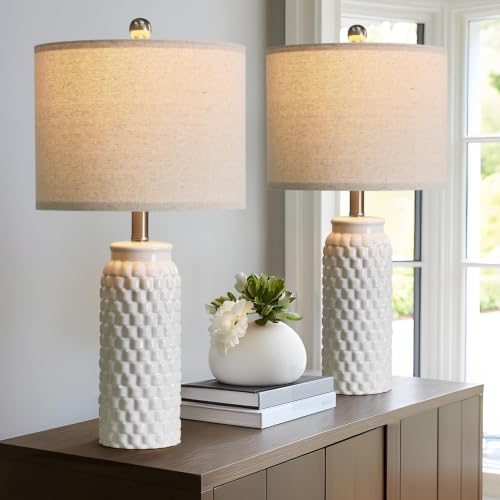 24" Modern Ceramic White Bedside Lamp Set of 2 Table Lamp for Bedroom Decor Farmhouse Table Lamp for Living Room Office Dorm (2 Count)