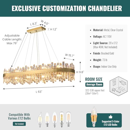 Modern Rectangular Gold Crystal Chandelier for Dining Room L52''