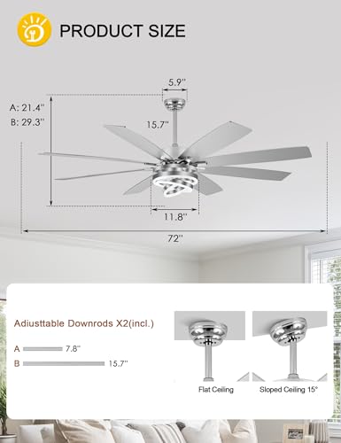 72 Inch Large Modern Ceiling Fans with Lights