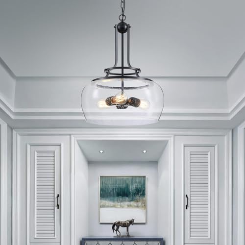 Chandelier Rustic Farmhouse Industrial Round Ceiling Pendant LED Light Fixture Clear Seeded Glass Shade for Dining Room Kitchen Island Foyer Entryway