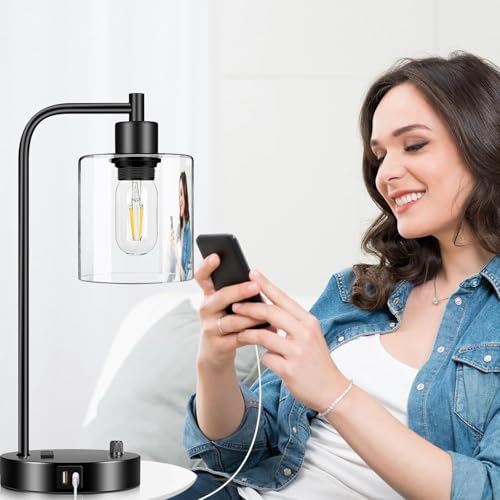 Industrial Table Lamp with USB A+C Ports and Outlet