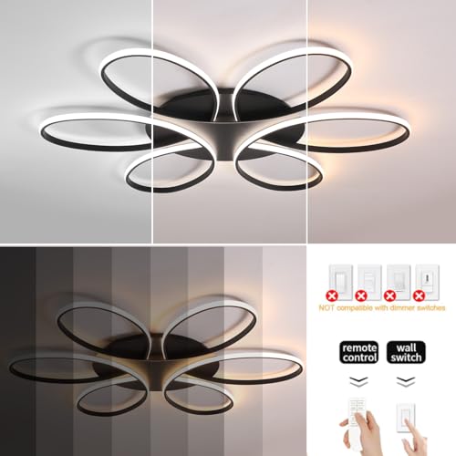 Modern LED Ceiling Light Fixture Black Flush Mount Ceiling Lamp with Remote Control Dimmable Rings Flower Shaped Ideal for Small and Medium Living Room Big Bedroom Kitchen