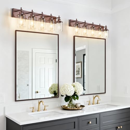 5 Light Bronze Bathroom Light Fixtures Over Mirror