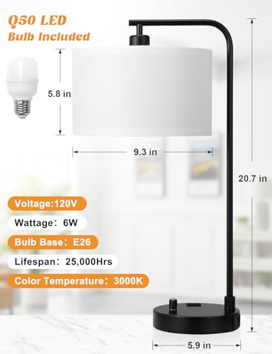 White Side Table Lamp with USB Port and Outlet