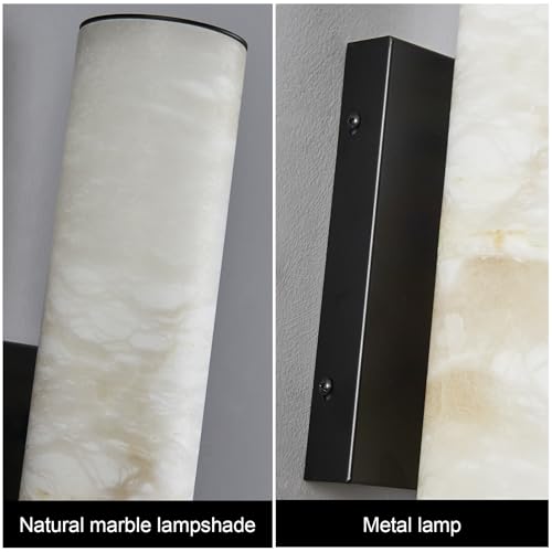 Natural Alabaster Wall Sconces Set of Two Spanish Marble Wall Light Cylinder Modern Black LED Sconce for Living Room Bedroom Bathroo Stairs(S (2 Count)