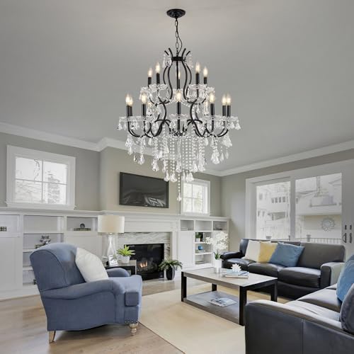 French Country Black Iron Crystal Chandelier