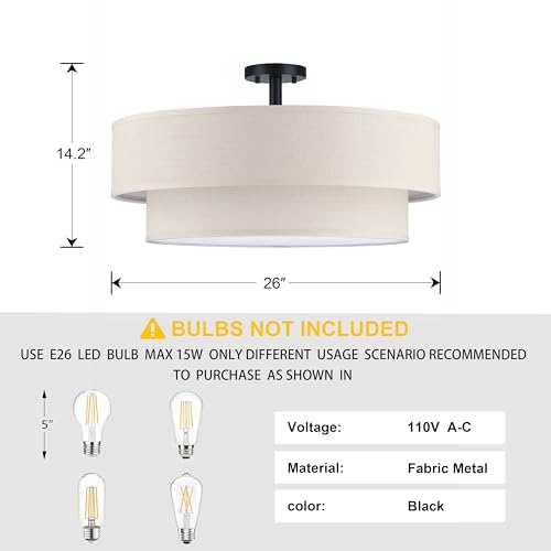 6 Light 26" Cream Fabric Black Semi Flush Mount Close to Ceiling Light Fixture