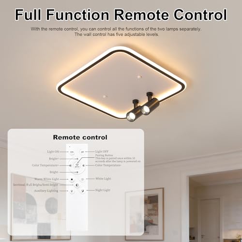Modern Square LED Flush Mount Ceiling Light with 2 Spotlights
