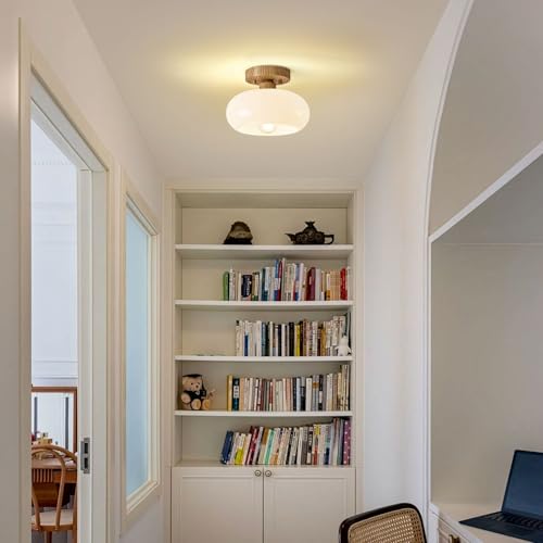 Mid Century Modern Faux Wood Semi Flush Ceiling Light 8.66 Inch