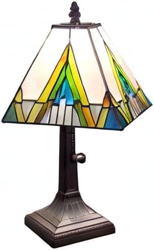 Tiffany Style Accent Table Lamp Banker Mission 14.5″ Tall Stained Glass Ivory Green Blue Yellow Antique Living Room Bedroom AM363TL08, Amora Lighting