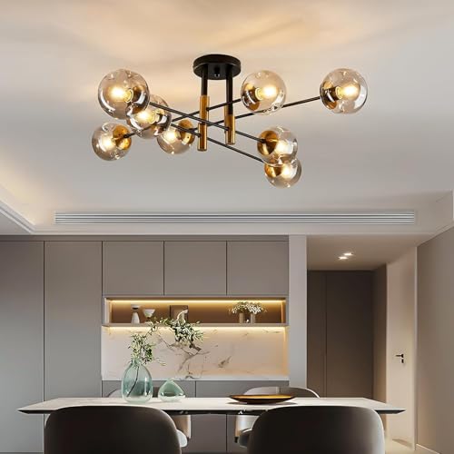 8 Light Sputnik Chandelier with Glass Globe Mid Century Modent Black Gold Ceiling Light Fixture Large Flush Mount Chandelier for Dining Room Bedroom Living Room Kitchen