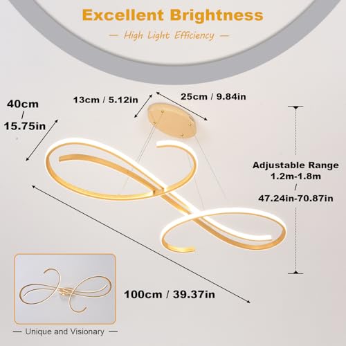 Gold Led Chandelier Dimmable Modern Chandelier for Dining Room Light Fixture Contemporary Led Pendant Light for Kitchen Island Lighting with Remote