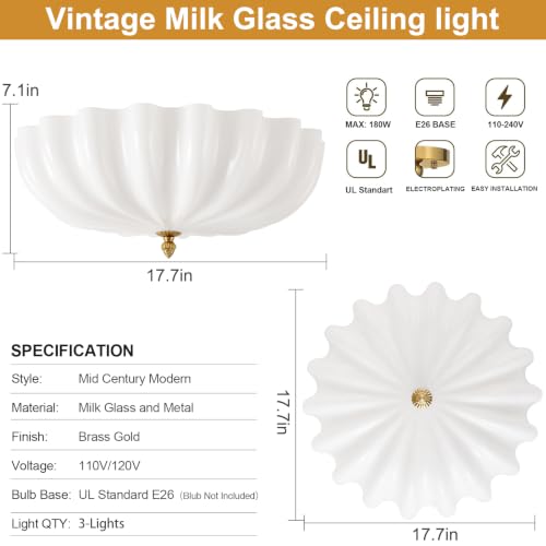 Large 17.7in Milk Glass Ceiling Light Flush Mount Flower 3 (Gold & Milk / 17.7in)