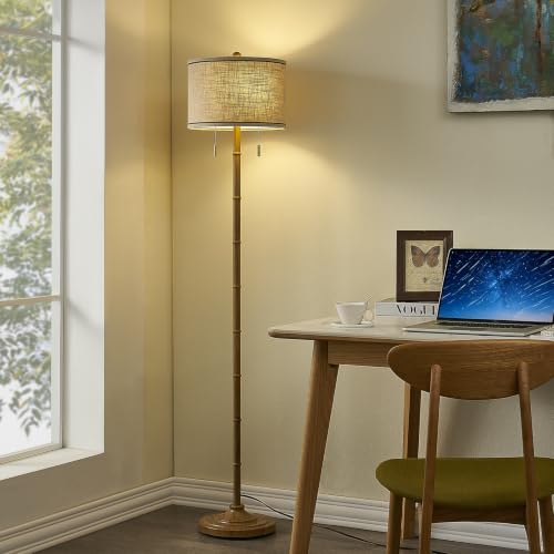 Upgraded 2 Light Mid Century Floor Lamp for Living Room (Walnut)