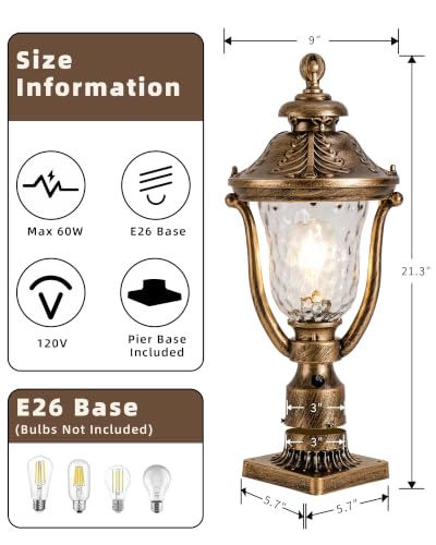 Retro Outdoor Post Light with Dusk to Dawn Sensor 21.5" Large Exterior Waterproof Lamp Brass Pole Lighting Fixture for Garage Garden Patio Pathway Yard Fence Bronze
