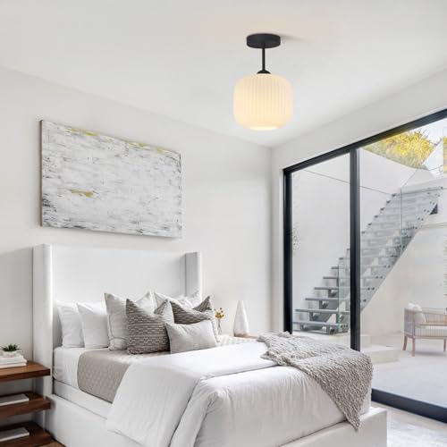Black and White Flush Mount Ceiling Light Vintage Milk Glass Semi Flush Mount Ceiling Light Black Modern Globe Ceiling Lighting for Bedroom Bathroom Living Room