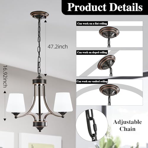 3 Light Farmhouse Chandelier with Milk White Frosted Glass Shades Black Dining Room Light Adjustable Height Ceiling Hanging Light Fixtures for Dinner Table