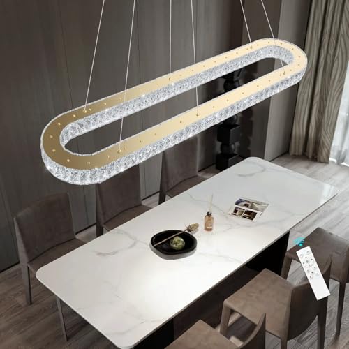 Modern Oval Chandelier Rectangular K9 Crystal Chandeliers for Dining Room Dimmable LED Light Fixture with Remote for Living Room Kitchen Light Gold