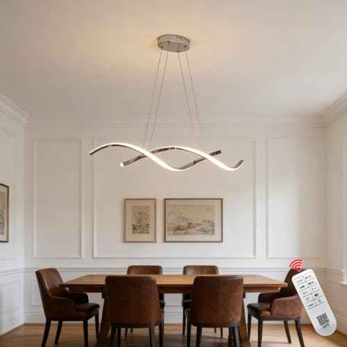 Dining Room Light Fixtures Over Table,Dimmable36 Chrome LED Light | Modern Wave LED Chandelier for Kitchen Island, Dimmable Pendant Light with Adjustable Hanging Wire and Premium Chrome Finish