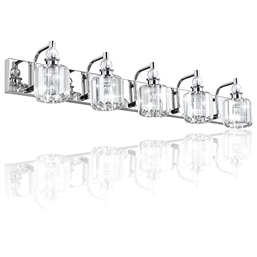 Modern Crystal Vanity Lights 5 Light 40" Modern Crystal Bathroom Lights Fixtures Over Mirror Stainless Steel Chrome Vanity Light for Bathroom Wall Lights Fixtures