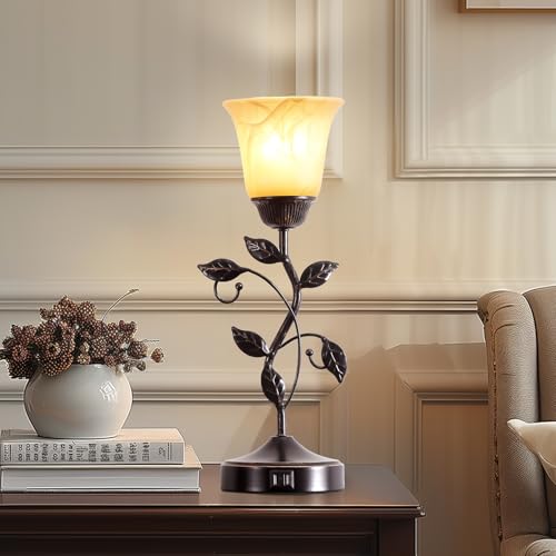 Set of 2 Touch Vintage Bedroom Leaf Table Lamps with 2 USB Ports (2 Count)