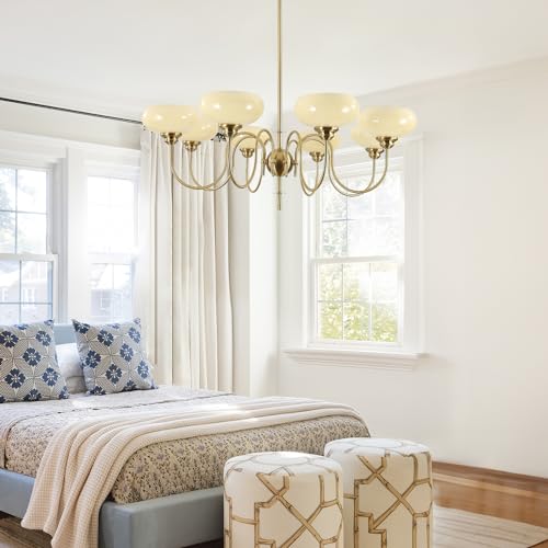 Large 8 Light Chandelier Modern Sputnik Chandeliers Flush Mount Ceiling Lights Cream Adjustable Height Pendant Lighting Vintage Gold Chandeliers with Light Yellow Glass Classic Ceiling Light