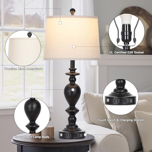 28" Tall Farmhouse Bedside Lamp Set of 2 (Black-2)