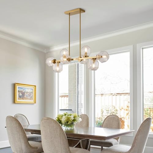 Modern Linear Chandeliers 8 Light Clear Glass Dining Room Light Fixture 39" Gold Mid Century Chandelier Pendant Light for Living Room Kitchen Island