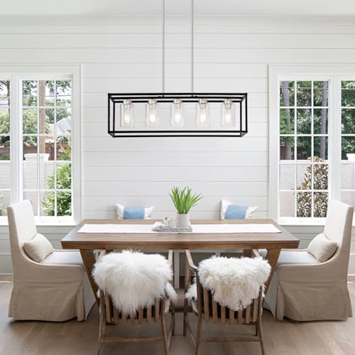 5 Light Dining Room Light Fixture Modern Farmhouse Chandeliers Over Table Black & Brushed Nickel Rectangular Pendent Lighting for Kitchen with Glass Shade Hanging Industrial Ceiling Light