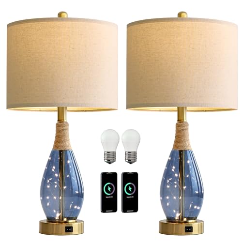 23" Table Lamps for Living Room Set of 2 Bedside Lamps for Night Stands Bedroom Lamps Farmhouse Rattan Boho Lamp Glass Nightlight End Table Lamp with USB C+A (2 Count)