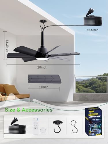 Outdoor Gazebo Ceiling Fan with Light and Remote (Black / 28 Inch)