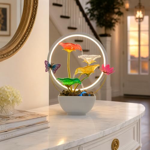 Tabletop Fountain Acrylic Lotus Indoor Fountain Water Feature for Zen Home Office Fengshui Decor Warm Light