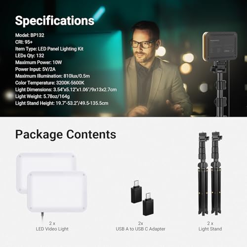 Basics 2 Pack LED Video Light Panel Lighting Kit (2 Count)