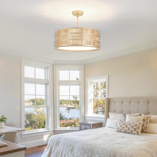 5 Light Rattan Drum Chandelier 19.7'' Boho Gold Pendant Light