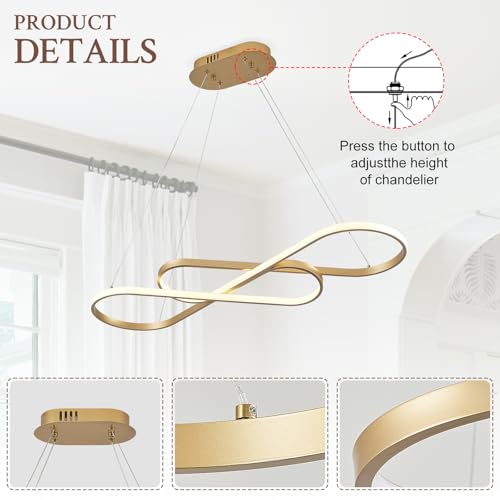 Modern LED Chandelier Gold Dimmable LED Pendant Light for Dining Room Light Fixture Over Table Modern Kitchen Island Lighting High Ceiling with Remote for Living Room