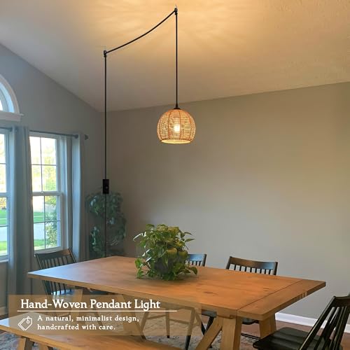Plug in Mini Hemp Rope Woven Pendant Light Woven Light Fixture Boho Chandelier Wicker Pendant Lights Rattan Plug in Cord Hanging Lights Dome Wicker Chandelier for Bedroom