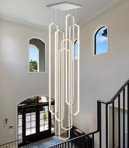 6 Rings Large Chandelier for Staircase Modern High Ceiling Chandelier LED Dimmable Chandeliers for Foyer Staircase Foyer Enterway Living Room Villa Silver