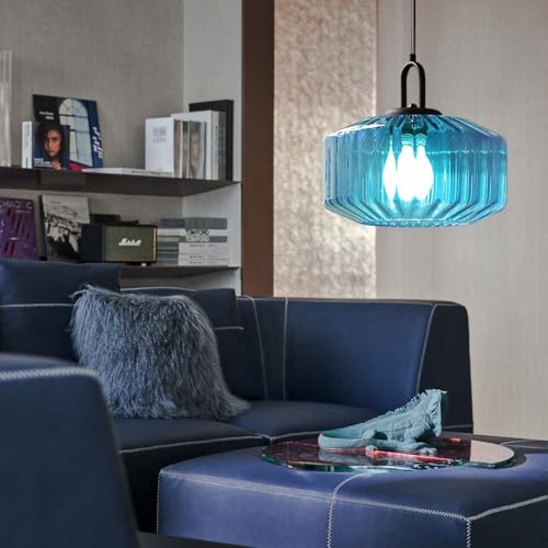 Glass Pendant Light Fixture Vintage Modern Pendant Lights with Blue Hand Blown Glass Shade Mid Century Black Adjustable Cord Ceiling Hanging Lighting for Dining Room Kitchen Island