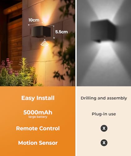 Motion Sensor Wall Light with Remote Control 3 Colors Wireless Wall Lamp LED Indoor Up and Down Wall Sconce 5000mAh Rechargeable Battery Powered Wall Lamps Brightness Adjustable (2 Count)