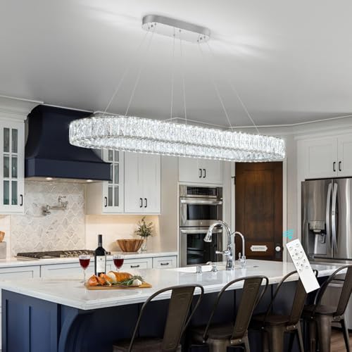 Modern Oval Crystal Chandelier for Dining Room Dimmable LED Chandeliers Rectangular Pendant Light Fixture with Remote for Living Room Kitchen Island Silver