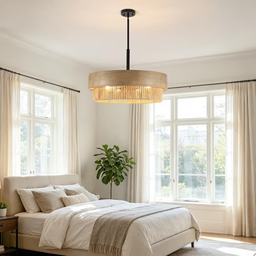 23.6" Large Wood Texture Drum Chandelier for Dining Room with Woven Rattan