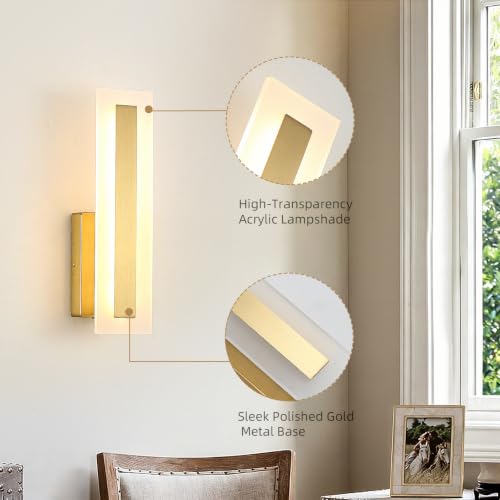 Hardwired Wall Sconces Set of 2 Dimmable Modern Gold LED Wall Light