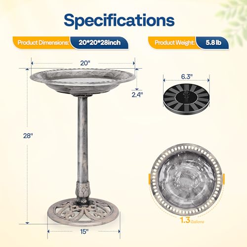 Bird Bath with Solar Fountain for Outside